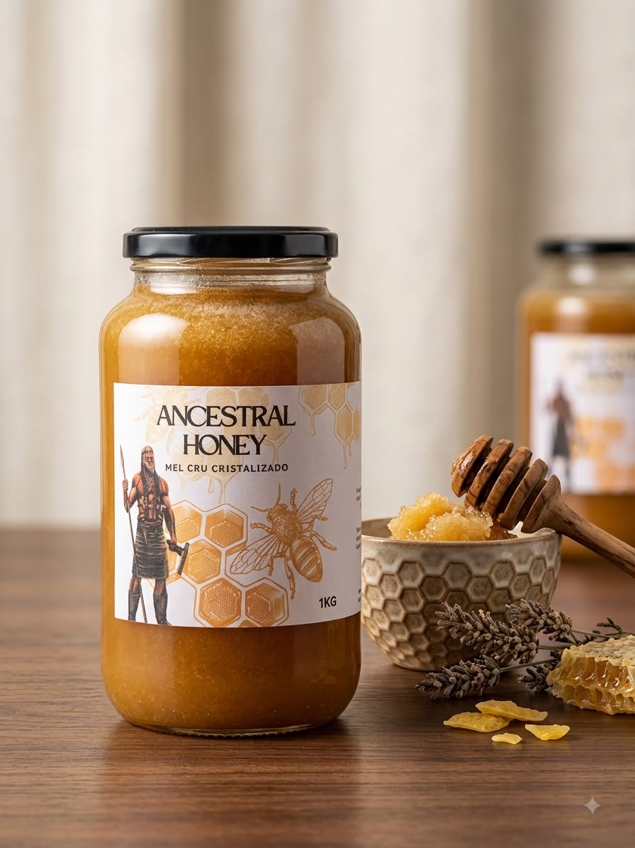Pote de Ancestral Honey Mel Cru Cristalizado sobre uma mesa de madeira com favos de mel e lavanda